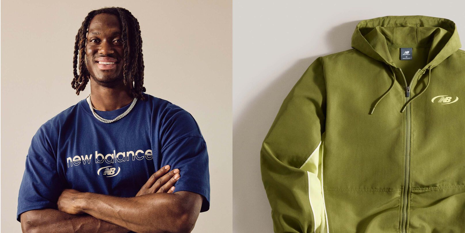  An image split into two, with Marvin Harrison Jr. wearing a green jacket on one side, and a blue t-shirt laying on a grey studio backdrop in another.